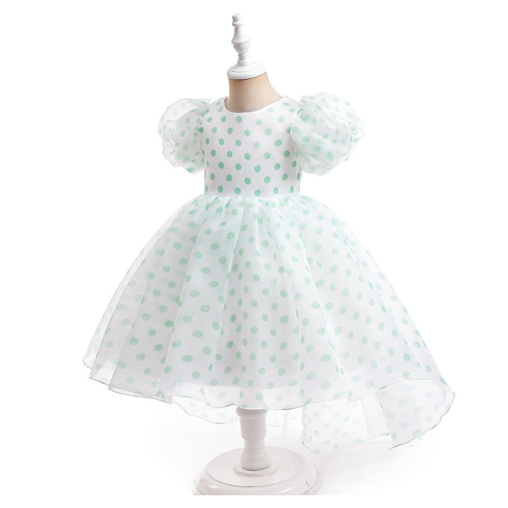 A-Line Cartoon Print Tulle Princess Dress with Puff Sleeves, High-Low Skirt, Ages 3-8