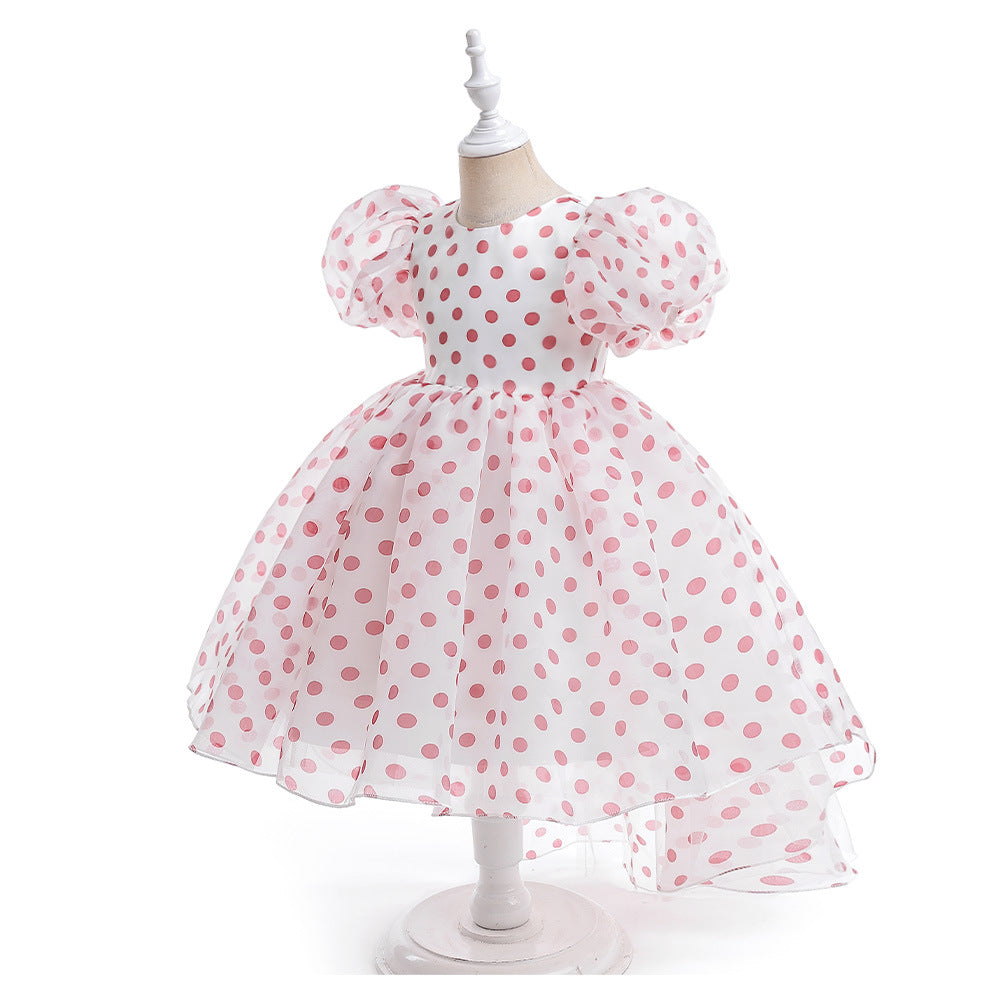 A-Line Cartoon Print Tulle Princess Dress with Puff Sleeves, High-Low Skirt, Ages 3-8