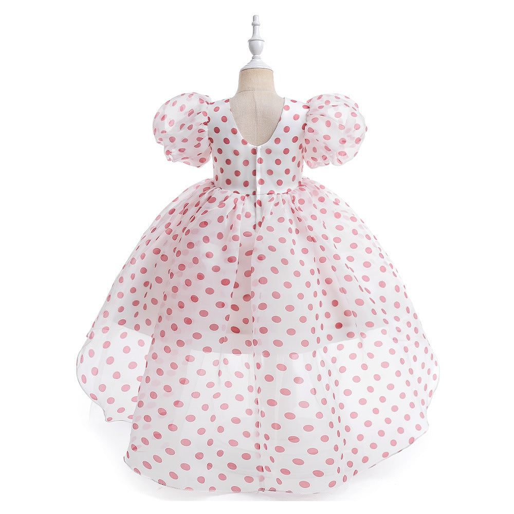A-Line Cartoon Print Tulle Princess Dress with Puff Sleeves, High-Low Skirt, Ages 3-8