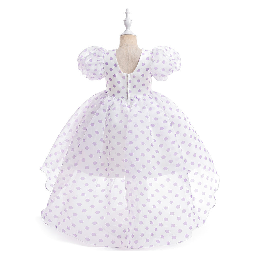 A-Line Cartoon Print Tulle Princess Dress with Puff Sleeves, High-Low Skirt, Ages 3-8