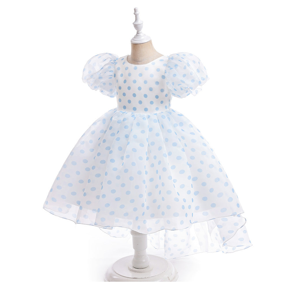 A-Line Cartoon Print Tulle Princess Dress with Puff Sleeves, High-Low Skirt, Ages 3-8