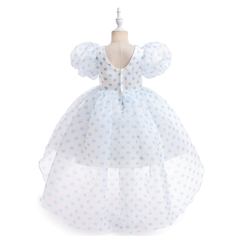 A-Line Cartoon Print Tulle Princess Dress with Puff Sleeves, High-Low Skirt, Ages 3-8