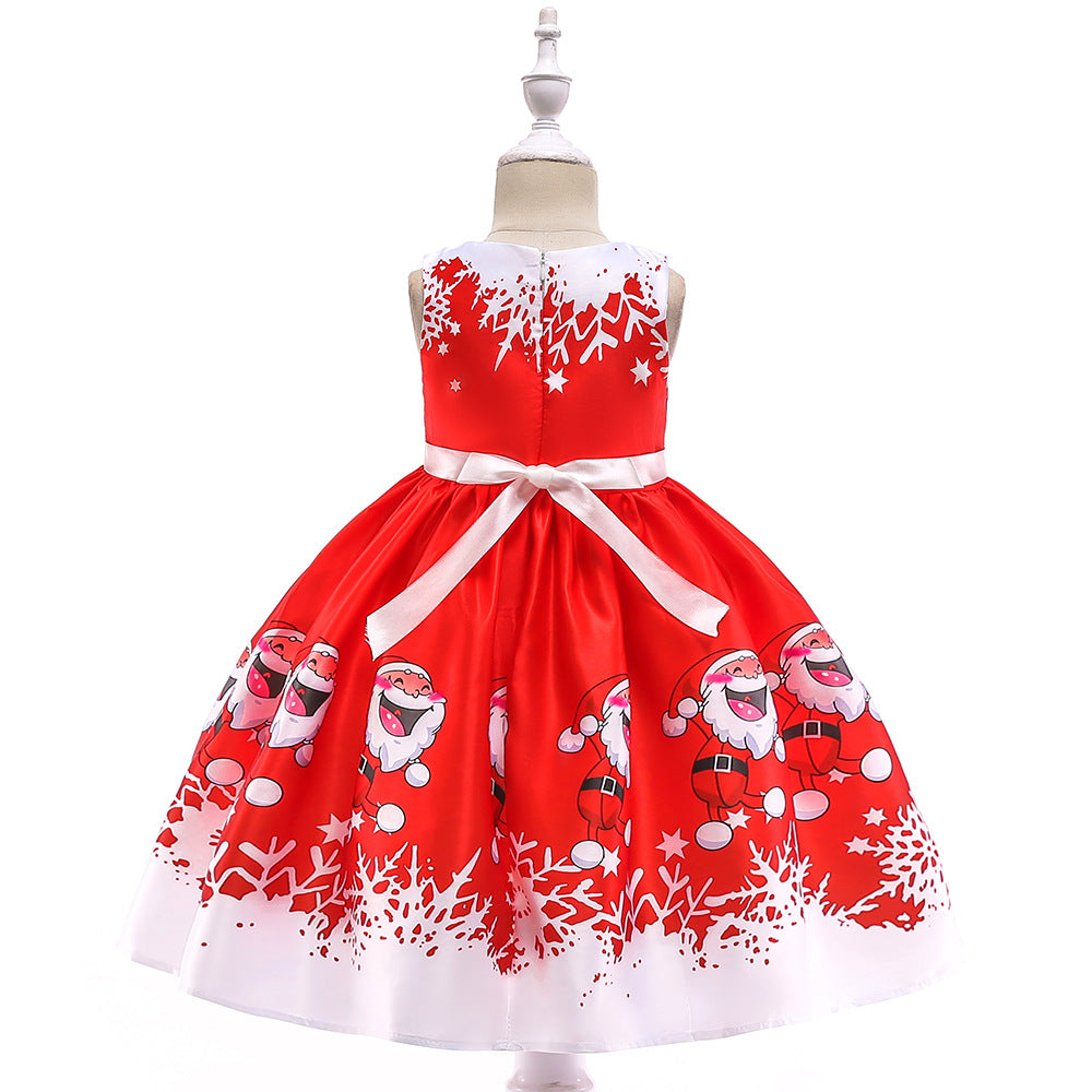 Cute Cartoon Print Satin Princess Dress for Girls | Snowflake Party & Holiday Gown