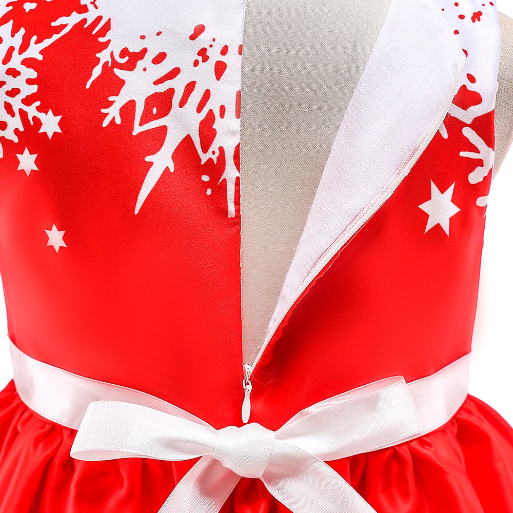 Cute Cartoon Print Satin Princess Dress for Girls | Snowflake Party & Holiday Gown