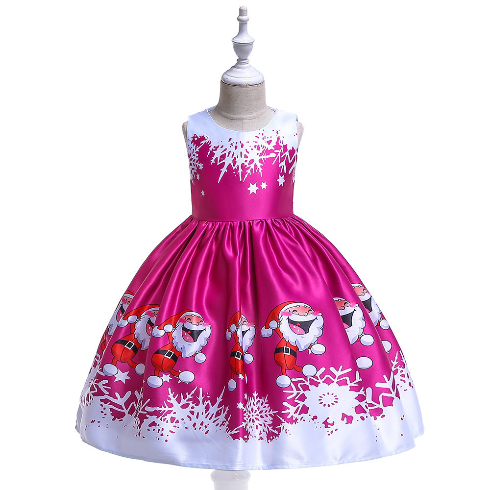 Cute Cartoon Print Satin Princess Dress for Girls | Snowflake Party & Holiday Gown