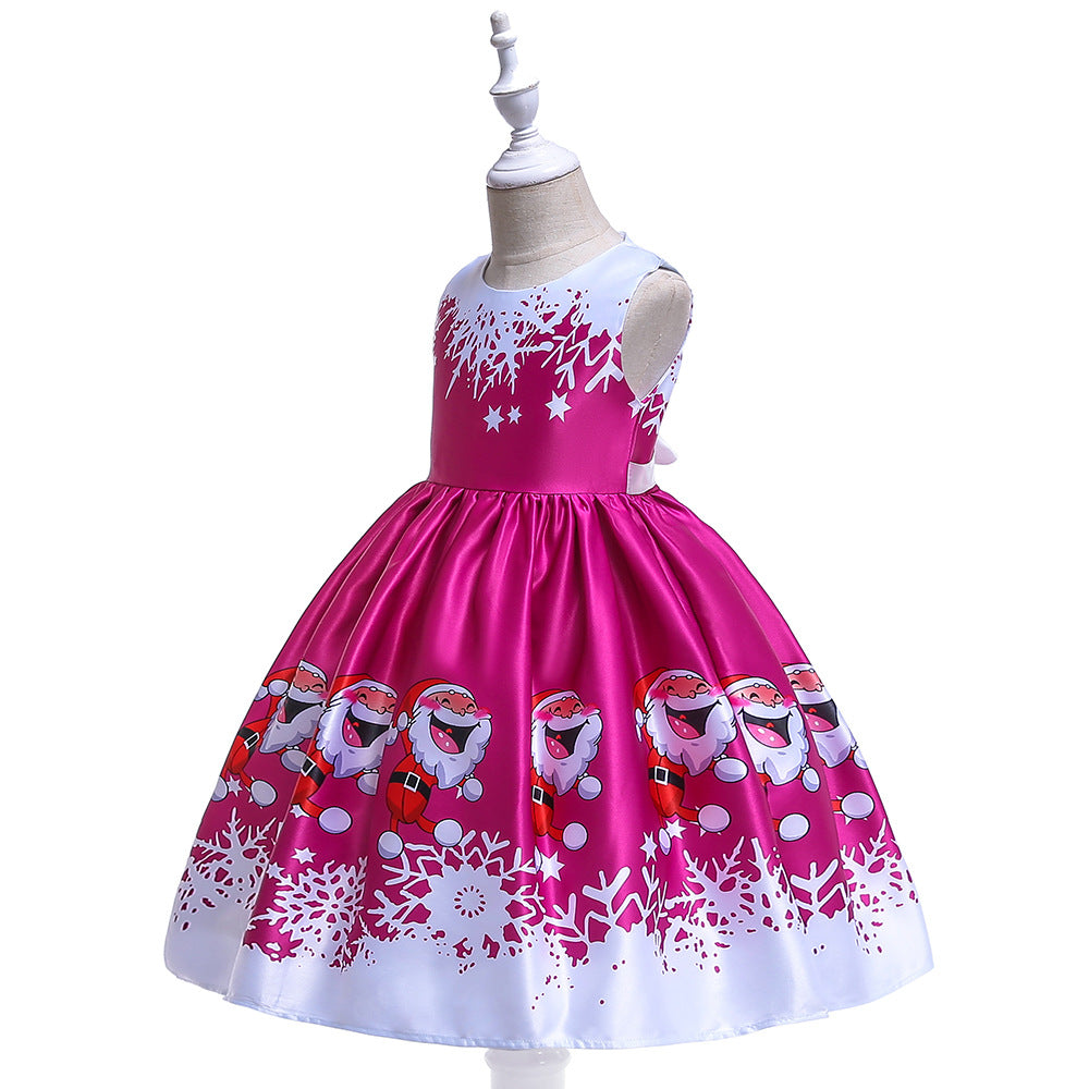 Cute Cartoon Print Satin Princess Dress for Girls | Snowflake Party & Holiday Gown