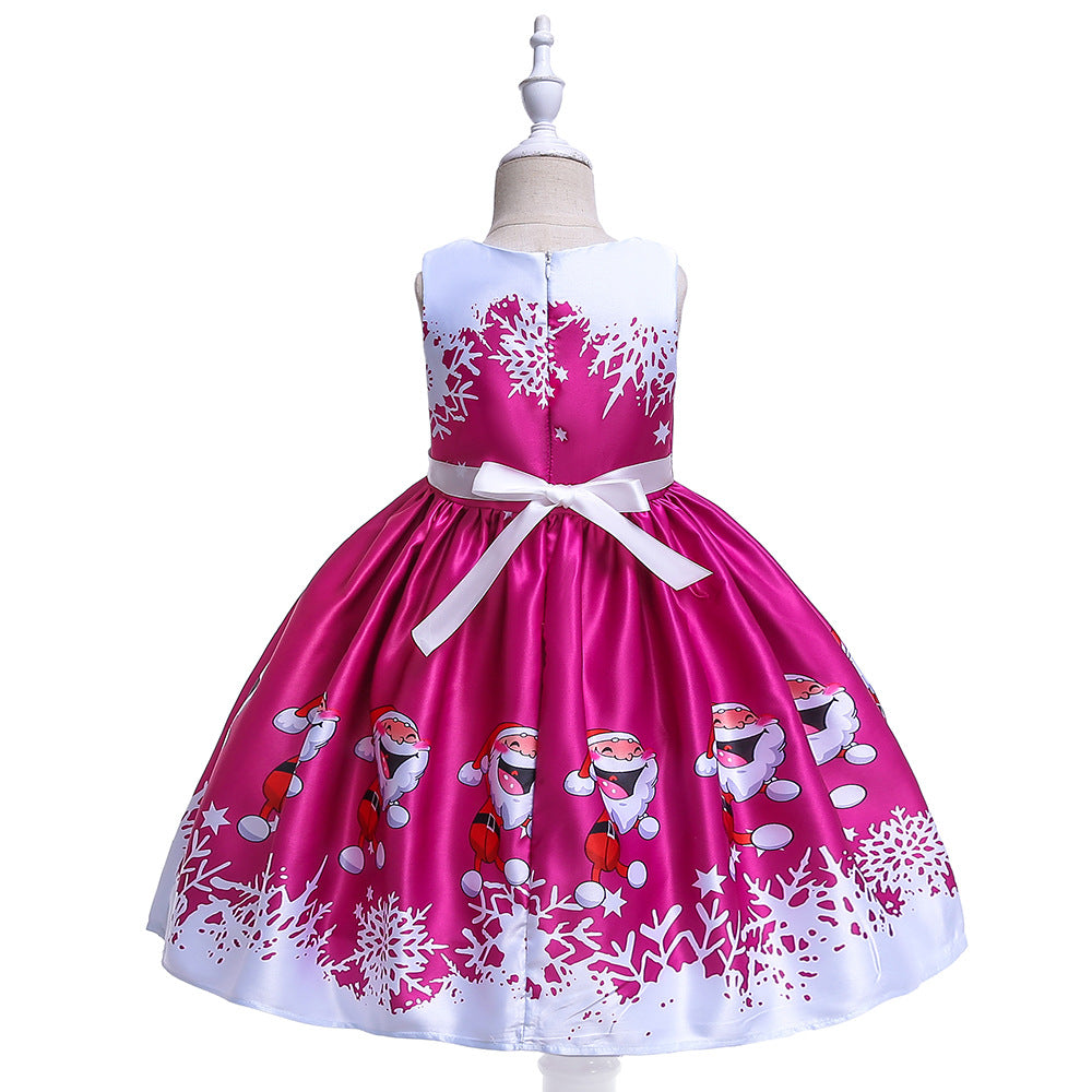 Cute Cartoon Print Satin Princess Dress for Girls | Snowflake Party & Holiday Gown