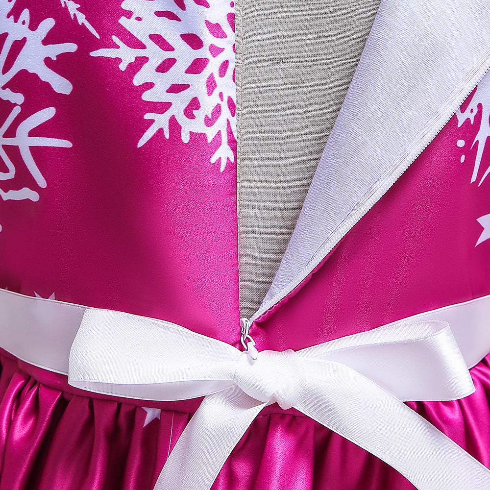 Cute Cartoon Print Satin Princess Dress for Girls | Snowflake Party & Holiday Gown