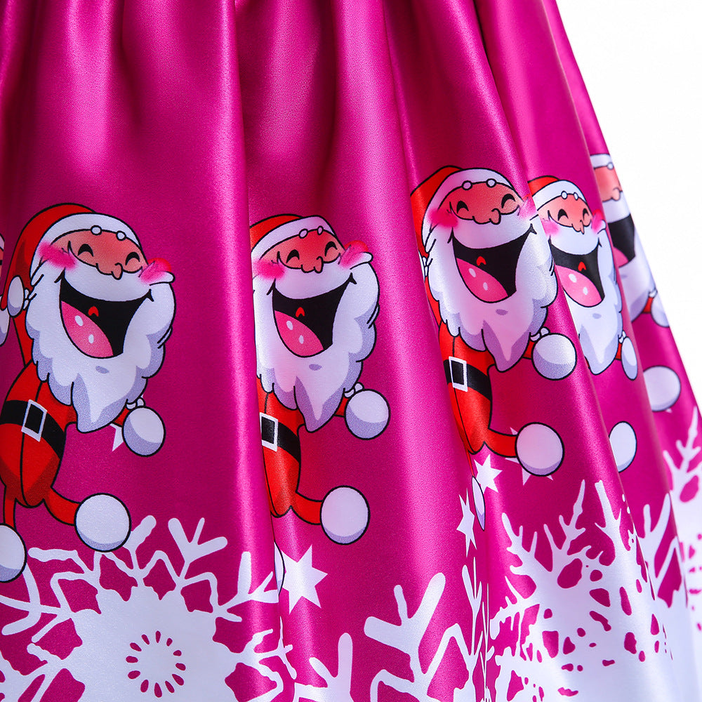 Cute Cartoon Print Satin Princess Dress for Girls | Snowflake Party & Holiday Gown