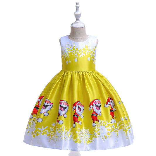Cute Cartoon Print Satin Princess Dress for Girls | Snowflake Party & Holiday Gown