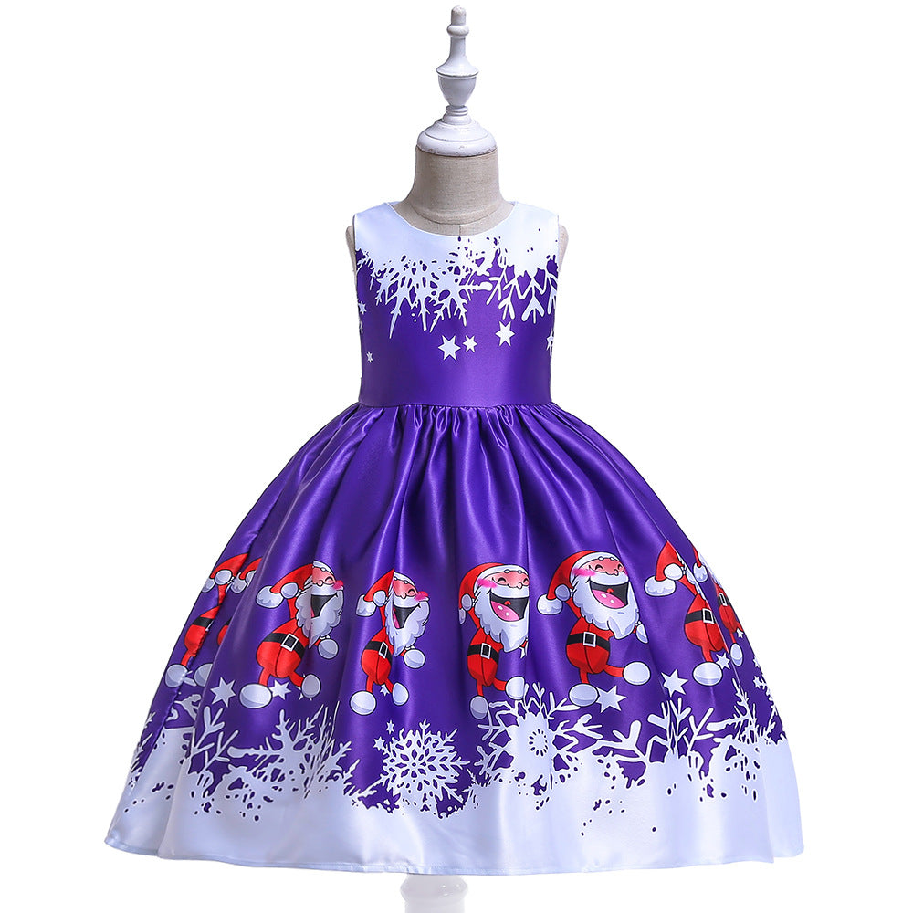 Cute Cartoon Print Satin Princess Dress for Girls | Snowflake Party & Holiday Gown