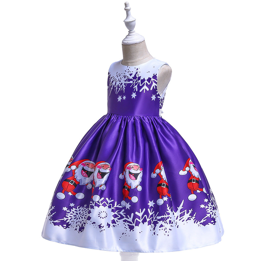 Cute Cartoon Print Satin Princess Dress for Girls | Snowflake Party & Holiday Gown