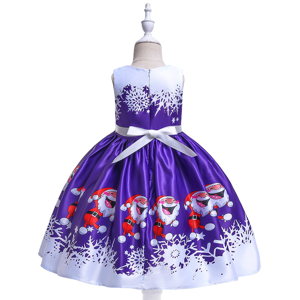 Cute Cartoon Print Satin Princess Dress for Girls | Snowflake Party & Holiday Gown