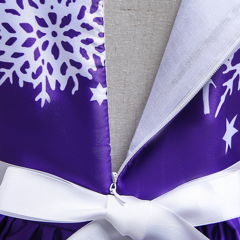 Cute Cartoon Print Satin Princess Dress for Girls | Snowflake Party & Holiday Gown