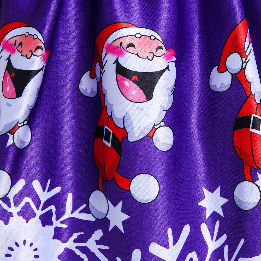 Cute Cartoon Print Satin Princess Dress for Girls | Snowflake Party & Holiday Gown