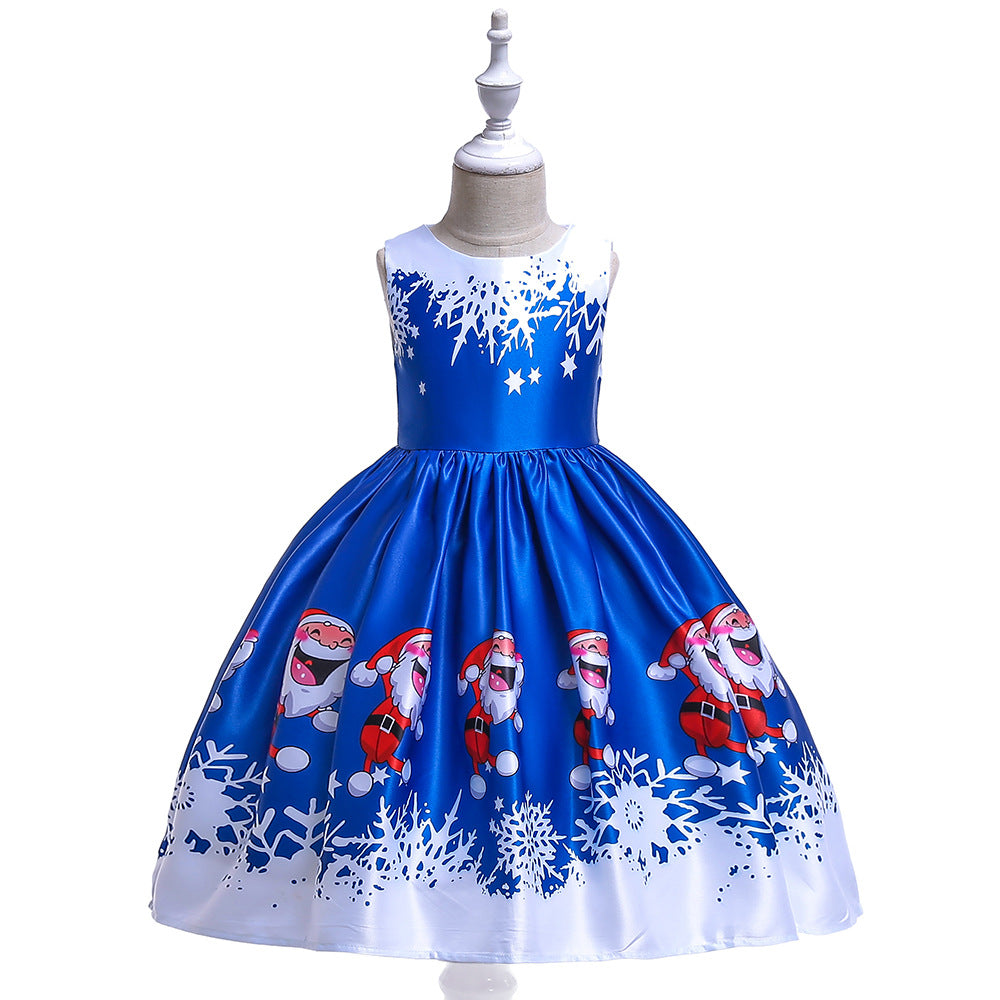 Cute Cartoon Print Satin Princess Dress for Girls | Snowflake Party & Holiday Gown