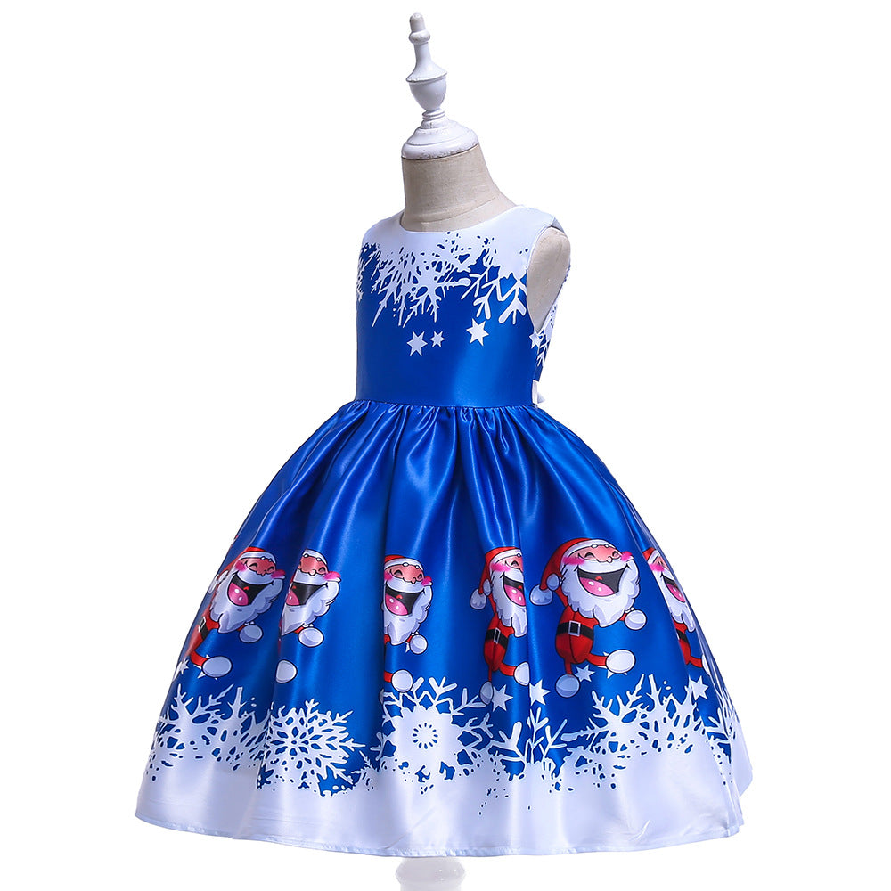 Cute Cartoon Print Satin Princess Dress for Girls | Snowflake Party & Holiday Gown
