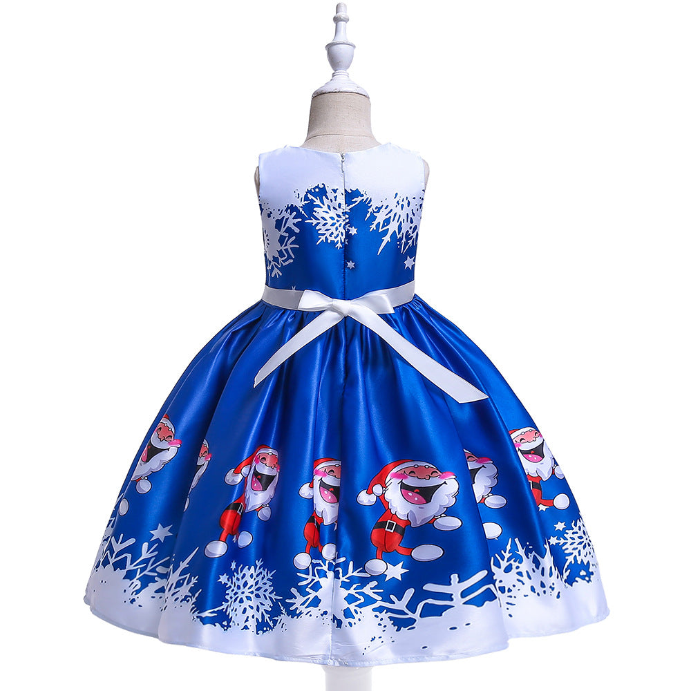 Cute Cartoon Print Satin Princess Dress for Girls | Snowflake Party & Holiday Gown