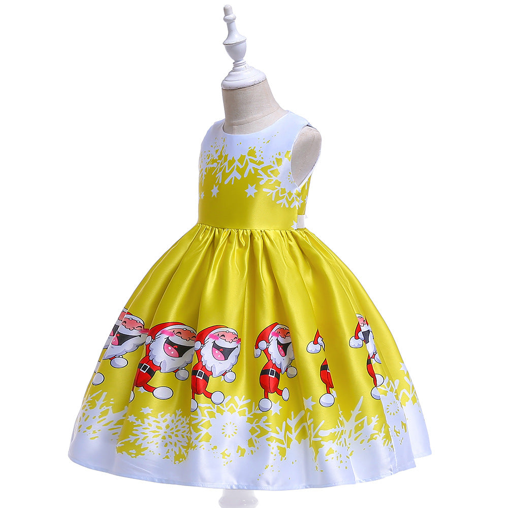 Cute Cartoon Print Satin Princess Dress for Girls | Snowflake Party & Holiday Gown
