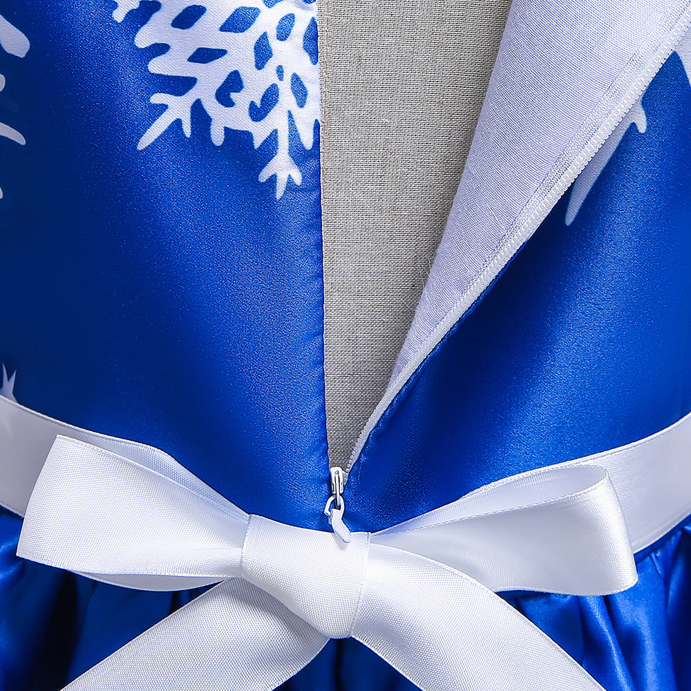 Cute Cartoon Print Satin Princess Dress for Girls | Snowflake Party & Holiday Gown