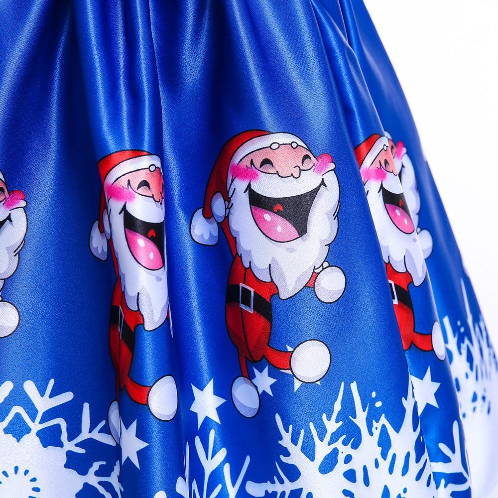 Cute Cartoon Print Satin Princess Dress for Girls | Snowflake Party & Holiday Gown