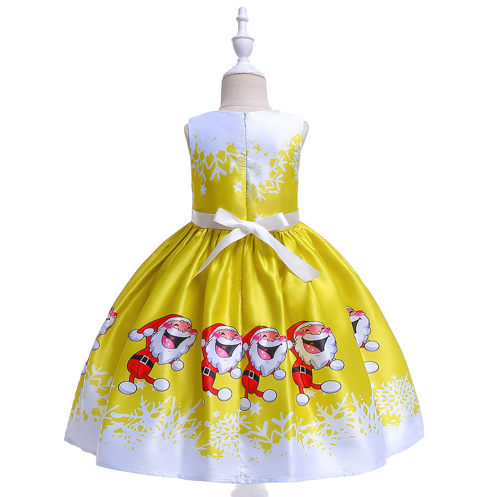 Cute Cartoon Print Satin Princess Dress for Girls | Snowflake Party & Holiday Gown