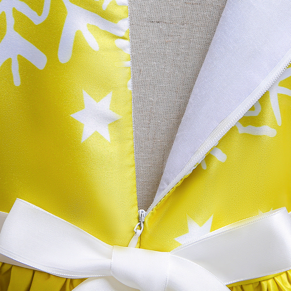 Cute Cartoon Print Satin Princess Dress for Girls | Snowflake Party & Holiday Gown