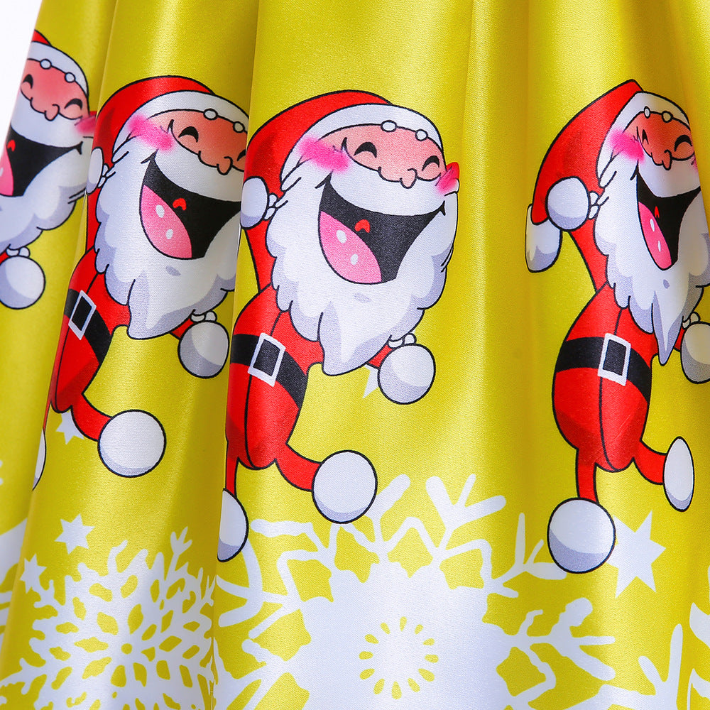 Cute Cartoon Print Satin Princess Dress for Girls | Snowflake Party & Holiday Gown