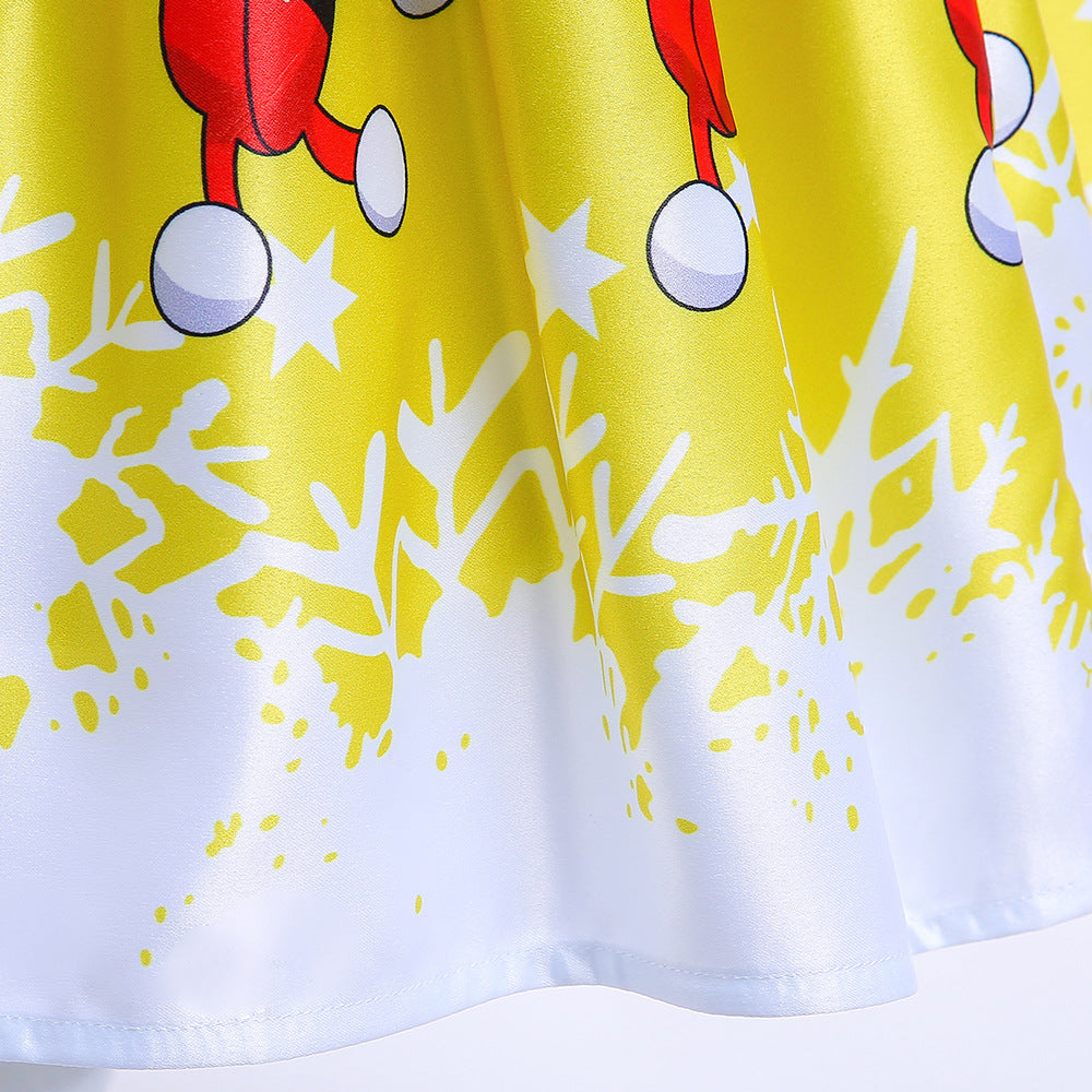Cute Cartoon Print Satin Princess Dress for Girls | Snowflake Party & Holiday Gown