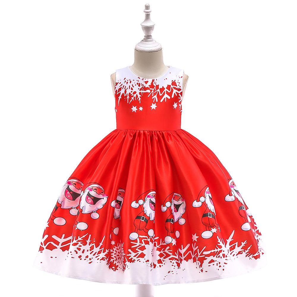 Cute Cartoon Print Satin Princess Dress for Girls | Snowflake Party & Holiday Gown
