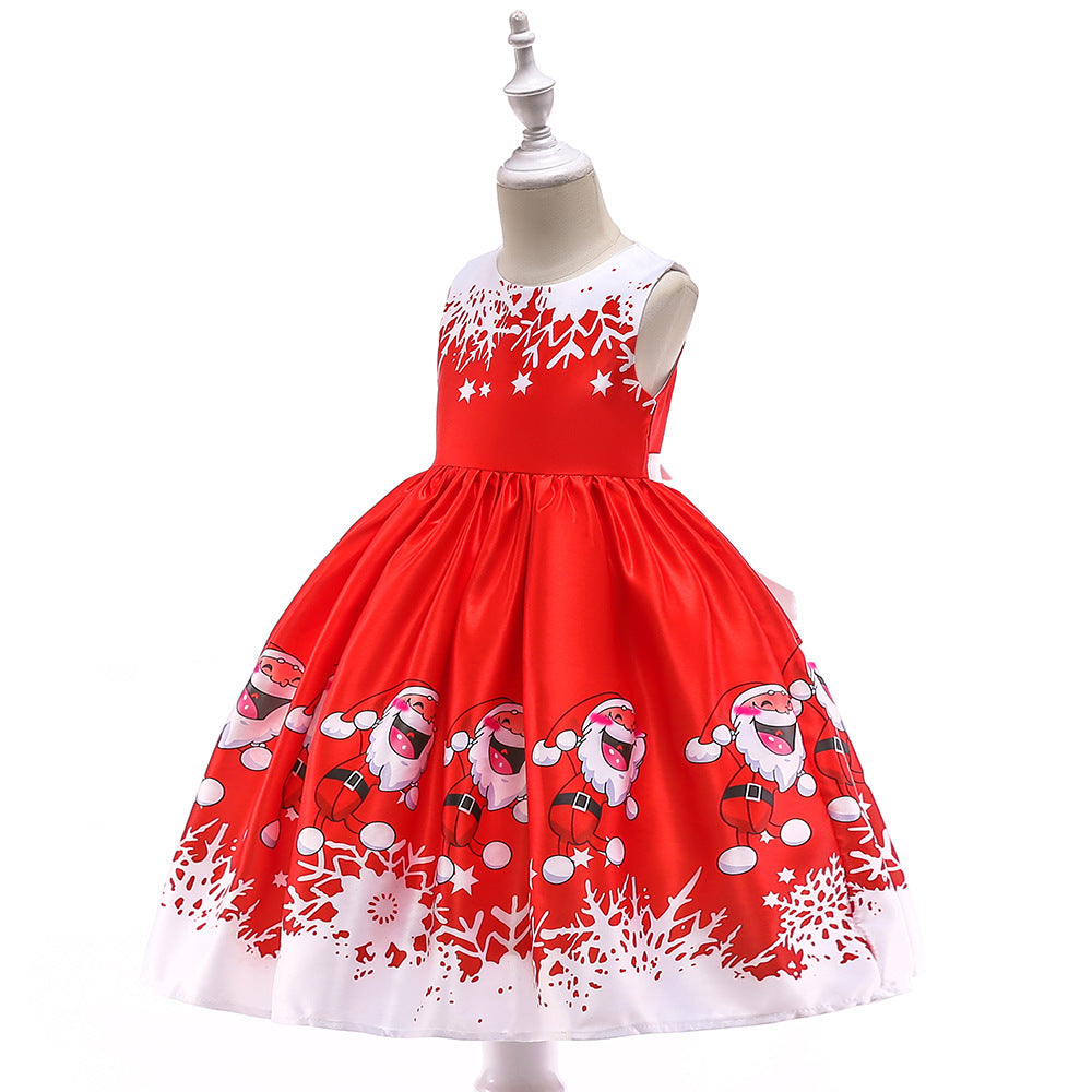 Cute Cartoon Print Satin Princess Dress for Girls | Snowflake Party & Holiday Gown