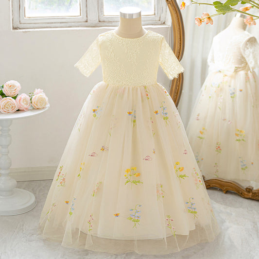 Champagne Embroidered Lace Princess Maxi Dress for Girls | Cute Flower Girl & Party Gown