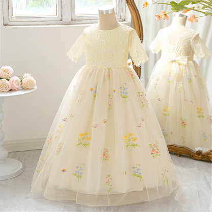 Frocklet Champagne Embroidered Lace Princess Maxi Dress for Girls | Cute Flower Girl & Party Gown 2