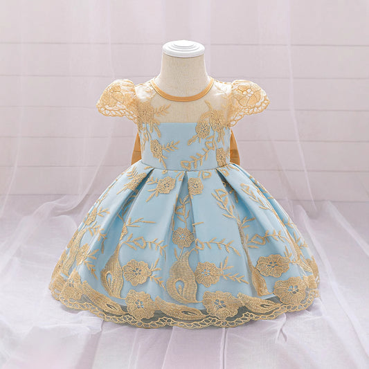 Champagne Princess Ball Gown Dress for Girls – Embroidered Tulle & Bowknot