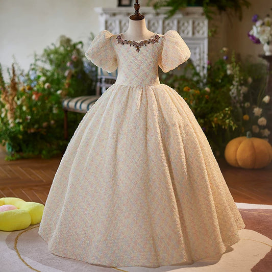 Champagne Maxi Flower Girl Dress with 3D Flowers & Sequins – Cute Party & Wedding Dress for Kids