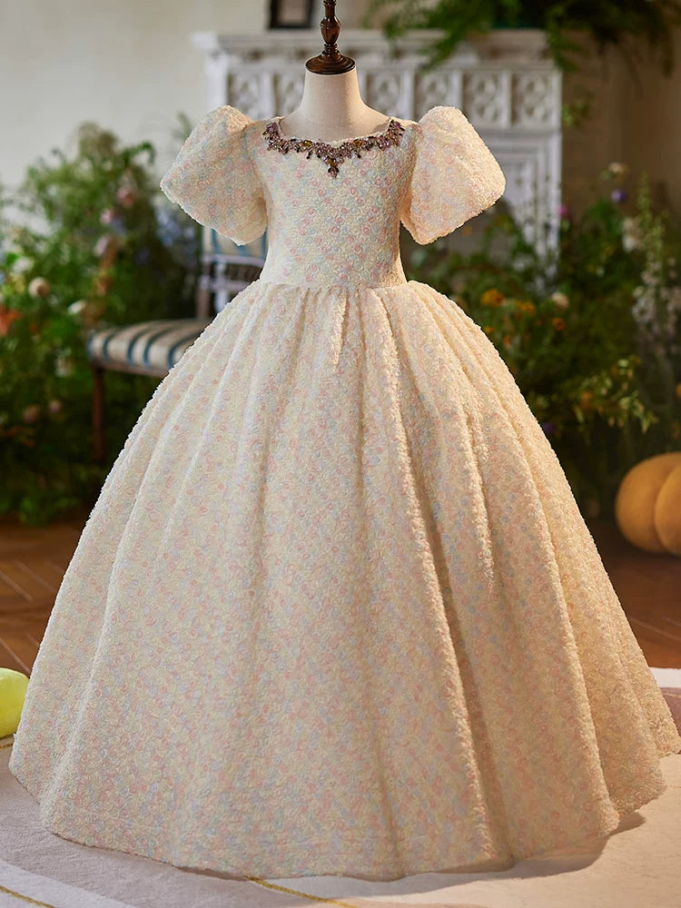 Champagne Maxi Flower Girl Dress with 3D Flowers & Sequins – Cute Party & Wedding Dress for Kids