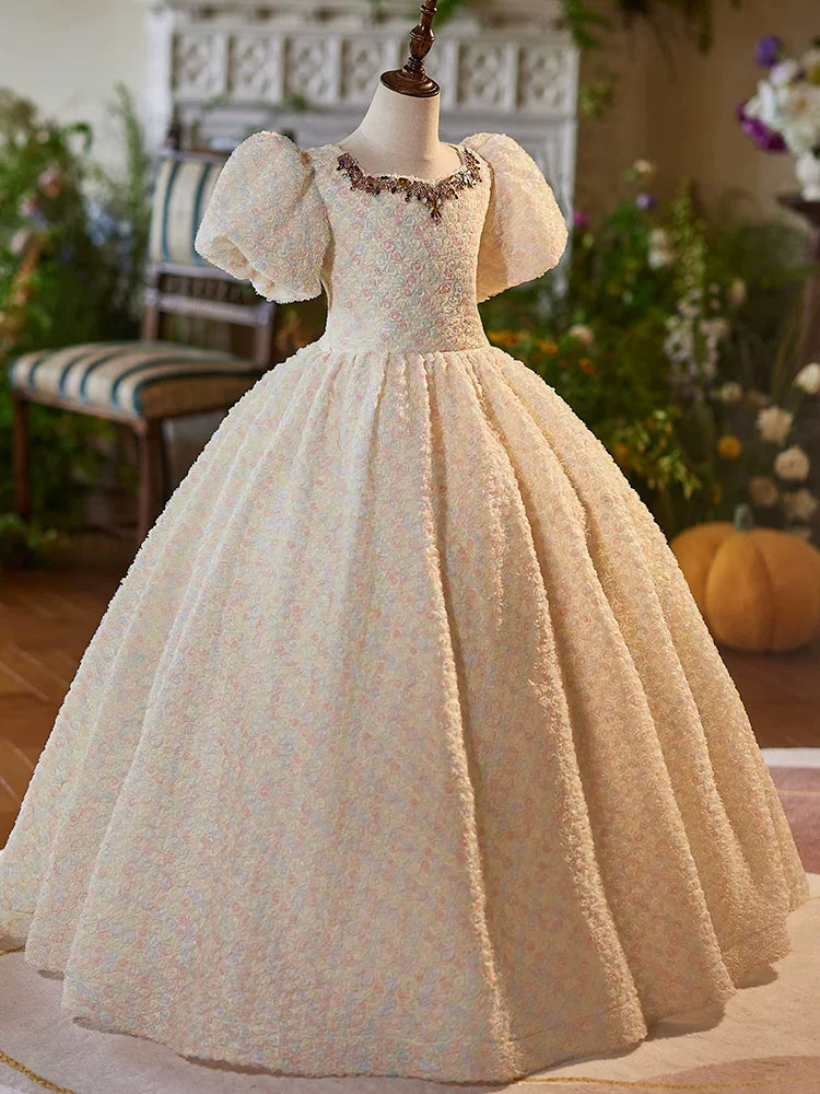 Champagne Maxi Flower Girl Dress with 3D Flowers & Sequins – Cute Party & Wedding Dress for Kids