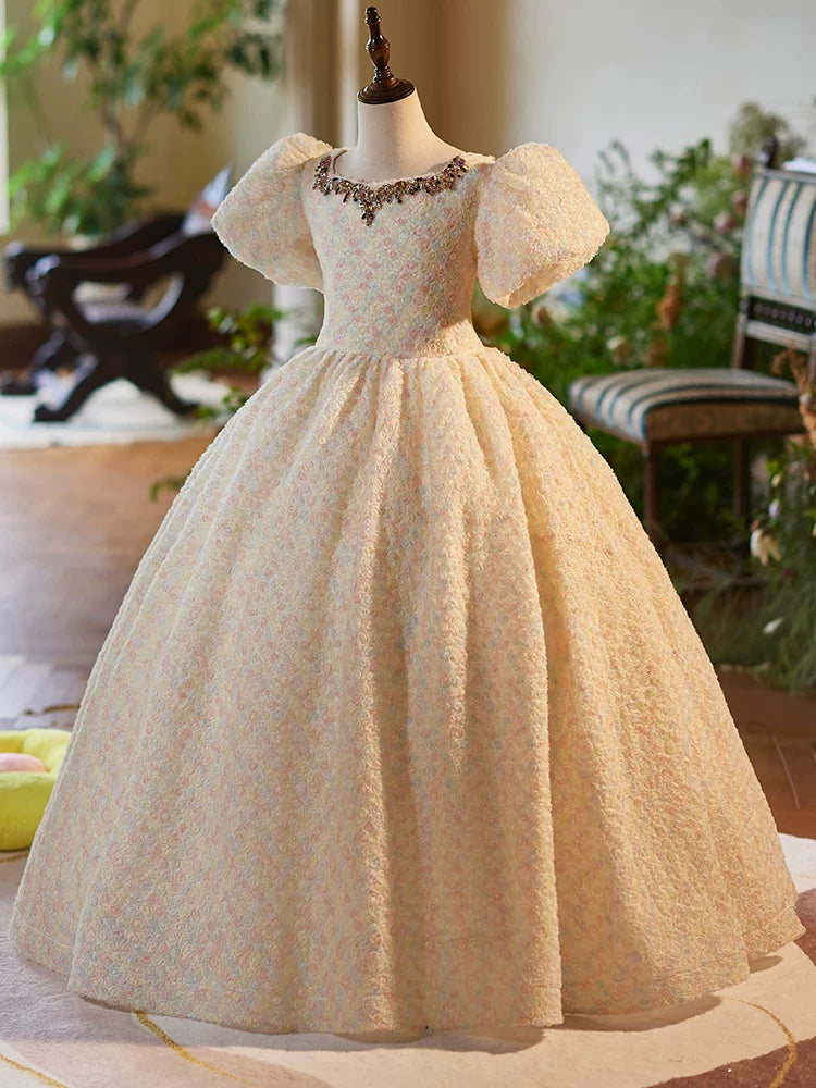 Champagne Maxi Flower Girl Dress with 3D Flowers & Sequins – Cute Party & Wedding Dress for Kids