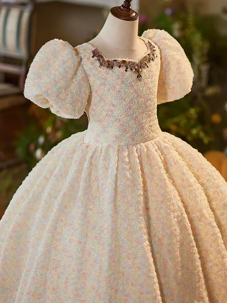 Champagne Maxi Flower Girl Dress with 3D Flowers & Sequins – Cute Party & Wedding Dress for Kids