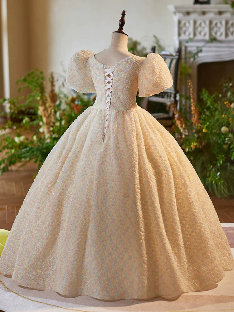 Champagne Maxi Flower Girl Dress with 3D Flowers & Sequins – Cute Party & Wedding Dress for Kids