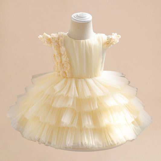 Champagne Tulle A-Line Flower Girl Dress for Toddlers – Ruffle Sleeves & Tiered Skirt