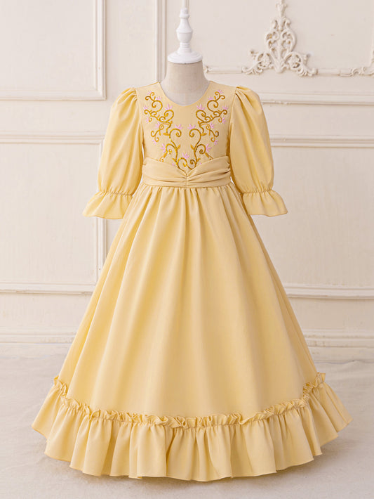 Champagne Maxi Embroidered Flower Girl Princess Dress - Long Sleeve A-Line Gown for Kids (3-8 Years)