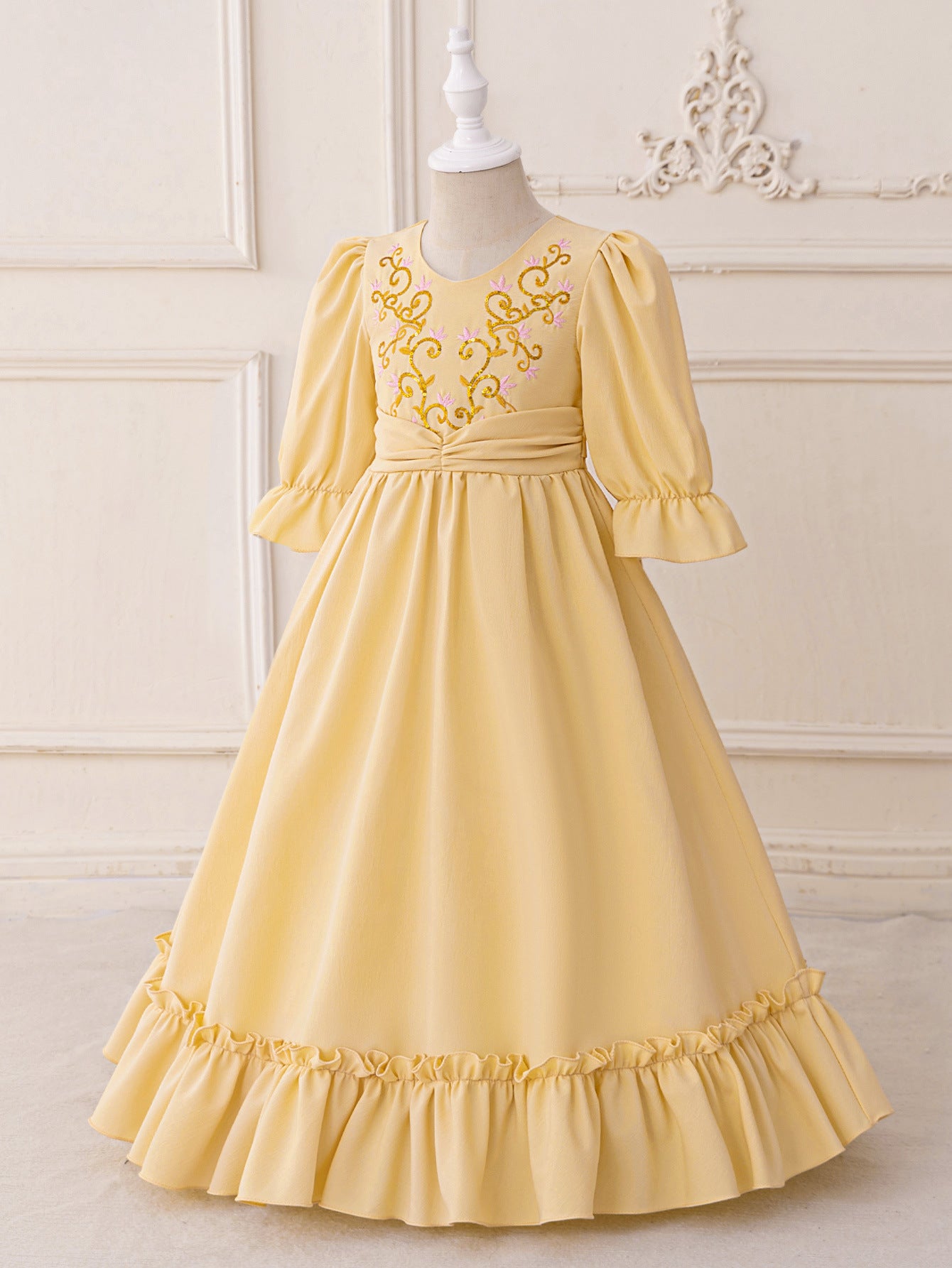 Champagne Maxi Embroidered Flower Girl Princess Dress - Long Sleeve A-Line Gown for Kids (3-8 Years)