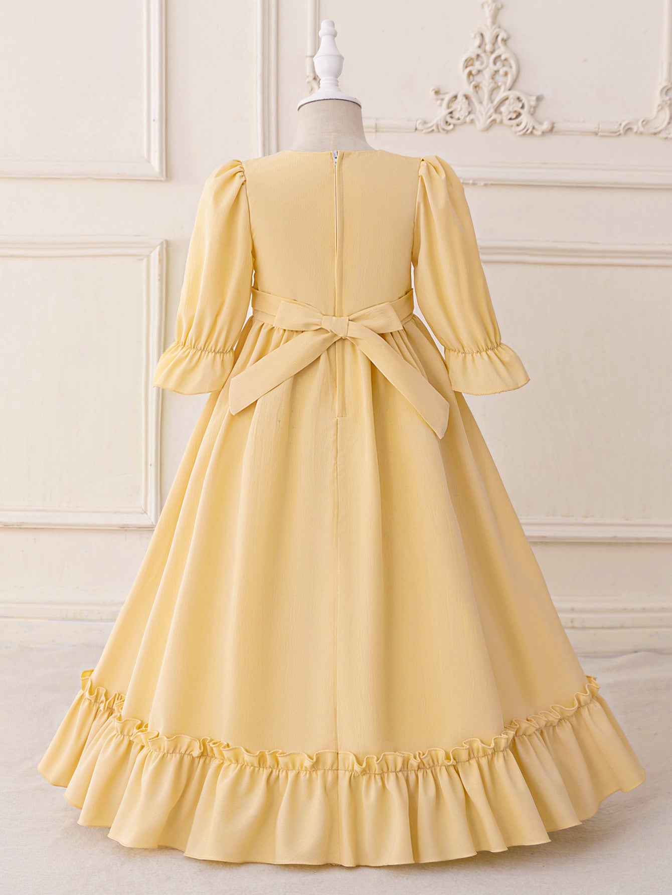 Champagne Maxi Embroidered Flower Girl Princess Dress - Long Sleeve A-Line Gown for Kids (3-8 Years)