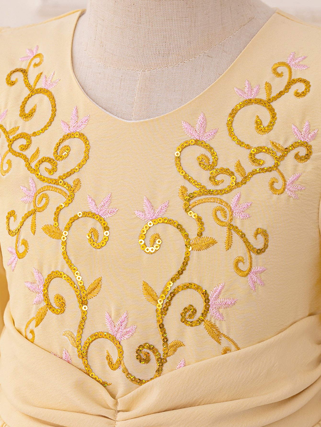 Champagne Maxi Embroidered Flower Girl Princess Dress - Long Sleeve A-Line Gown for Kids (3-8 Years)