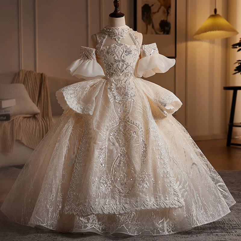 Champagne Sequin Maxi Flower Girl Dress | Elegant Tiered Princess Gown for Parties & Weddings