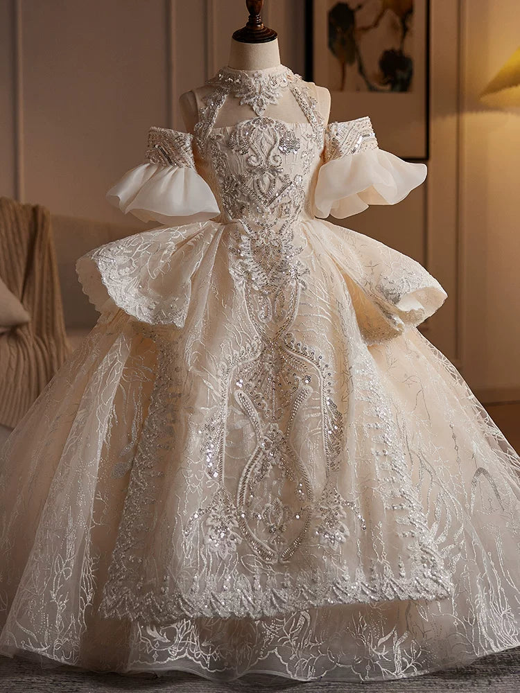 Champagne Sequin Maxi Flower Girl Dress | Elegant Tiered Princess Gown for Parties & Weddings
