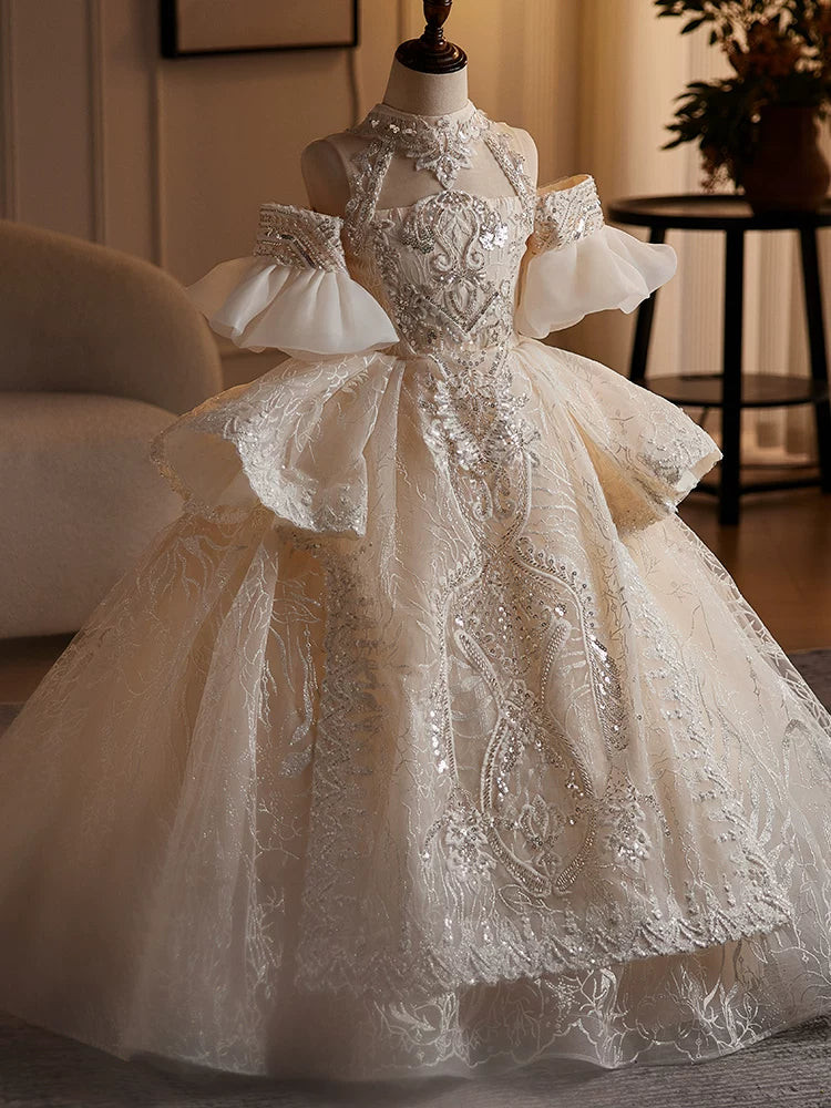 Champagne Sequin Maxi Flower Girl Dress | Elegant Tiered Princess Gown for Parties & Weddings
