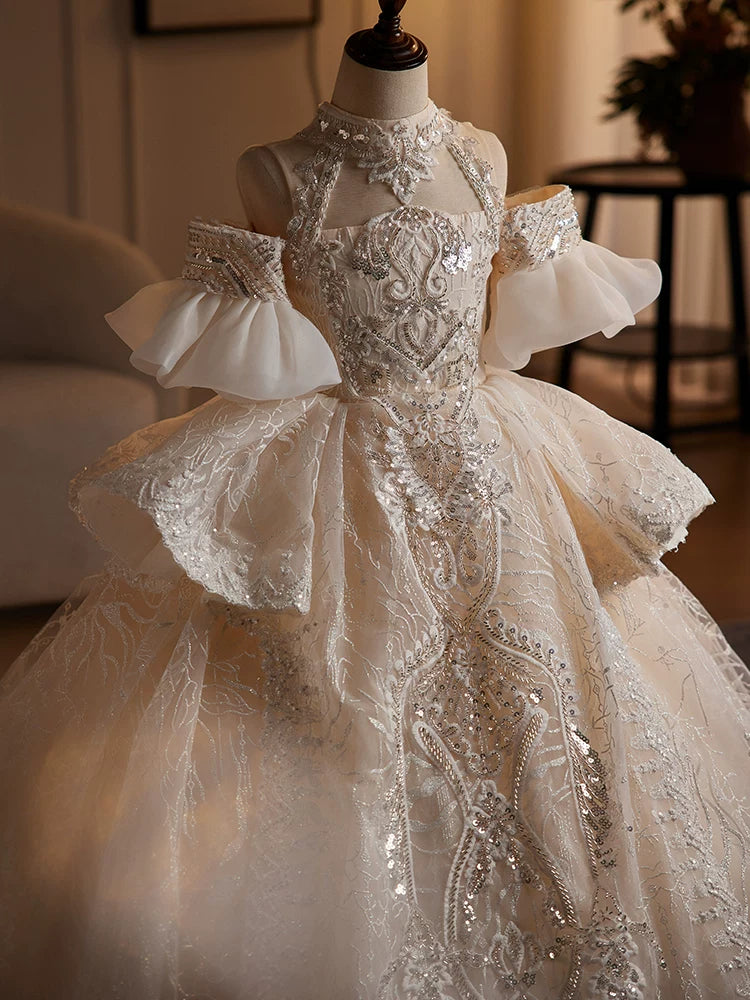 Champagne Sequin Maxi Flower Girl Dress | Elegant Tiered Princess Gown for Parties & Weddings