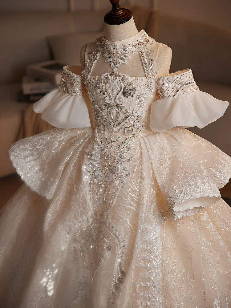 Champagne Sequin Maxi Flower Girl Dress | Elegant Tiered Princess Gown for Parties & Weddings
